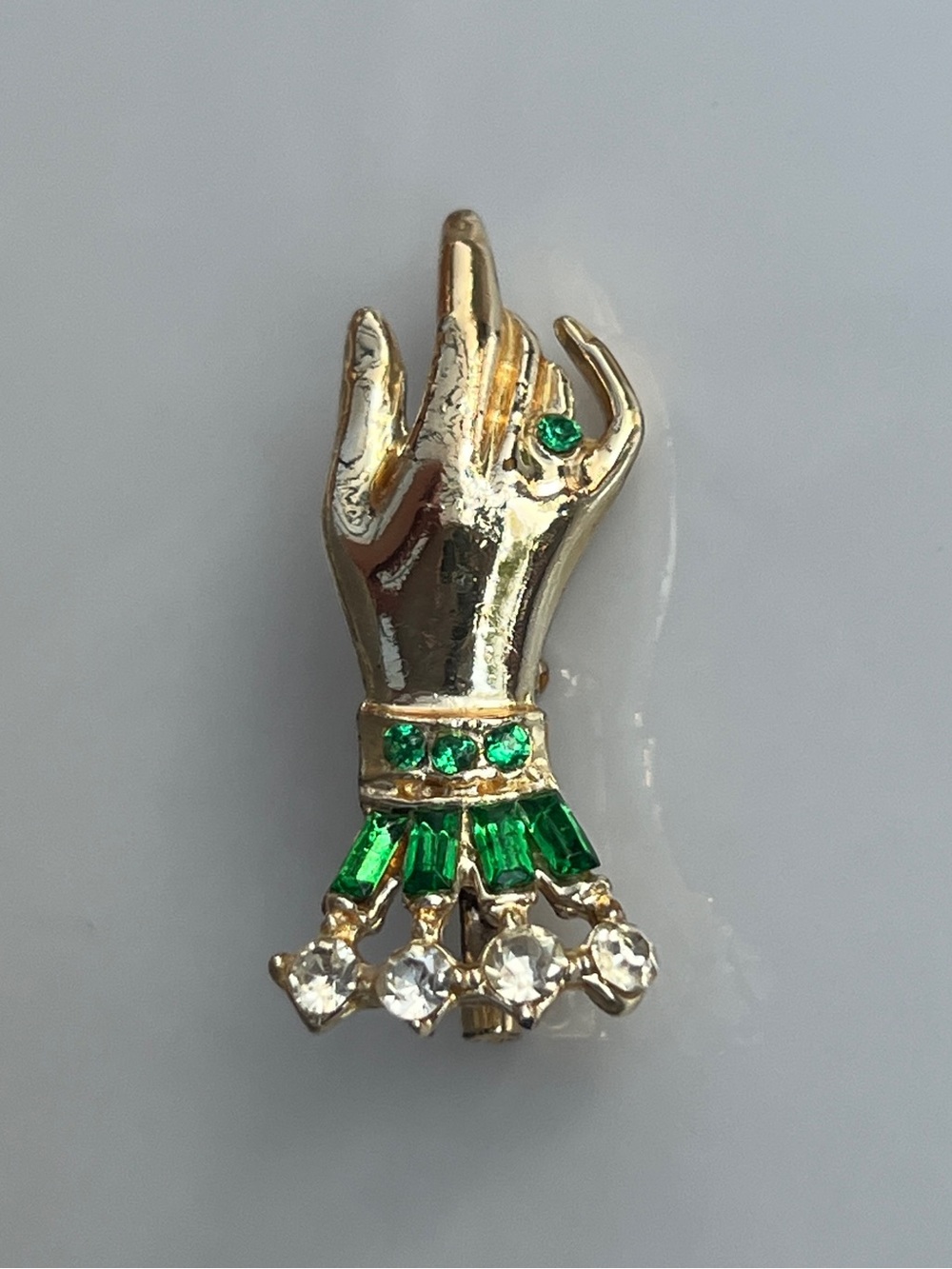 Vintage Rhinestone Hand Brooch Pin /Brooch | Green Crystal Statement Jewelry